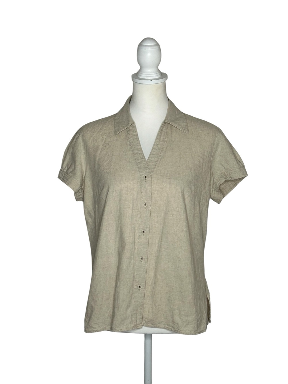 Carole Little Vintage EUC Beige Short-Sleeve Linen Button Down Shirt Sz L